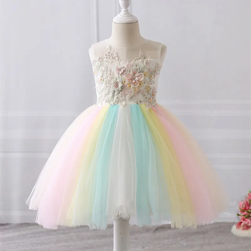 

2019 Kids Rainbow Dress Girls Sleeveless Summer tutu Dresses Flower Girls Brithday Party Pageant Princess Dress Teen Clothing