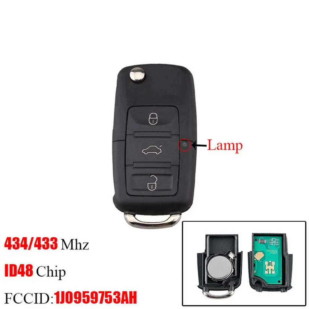 

1J0959753AH Car Key forVolkswagen VW 3 Buttons Flip Remote 433/434Mhz ID48 Chip Remote Fob Control Car Key Fob