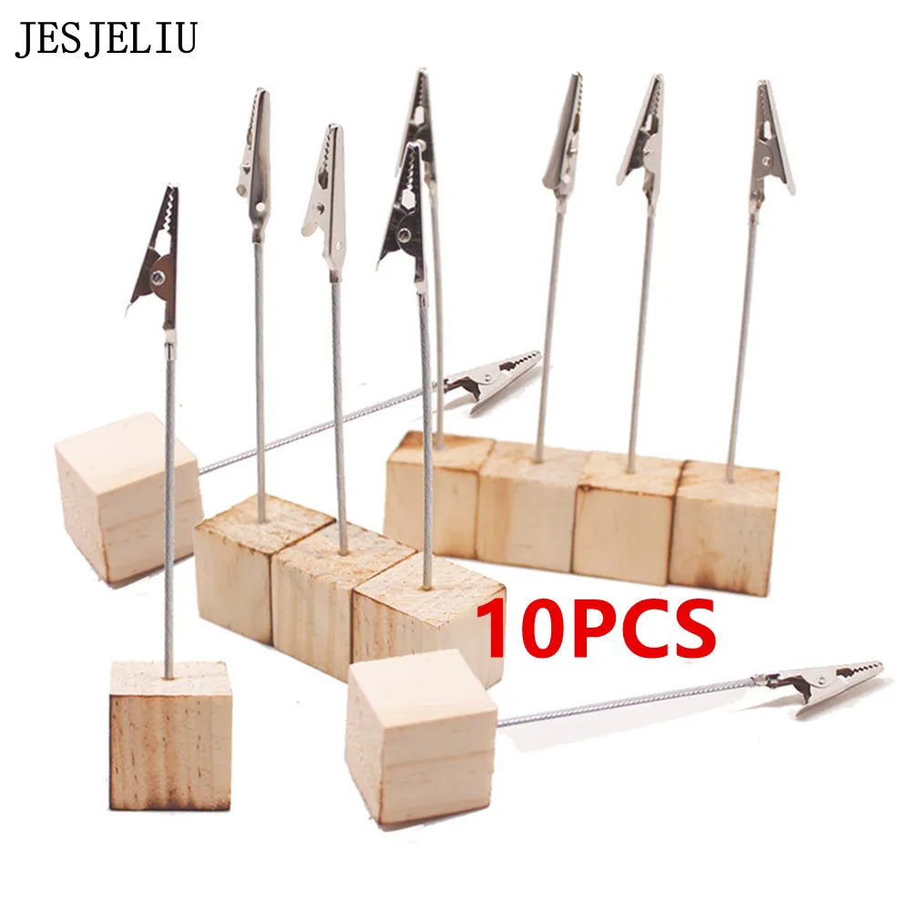 10pcs Wood Cube Alligator Metal Clip Memo Picture Note Card Desk Paper Photo Clip Holder Table Stand Office Party Home Decor