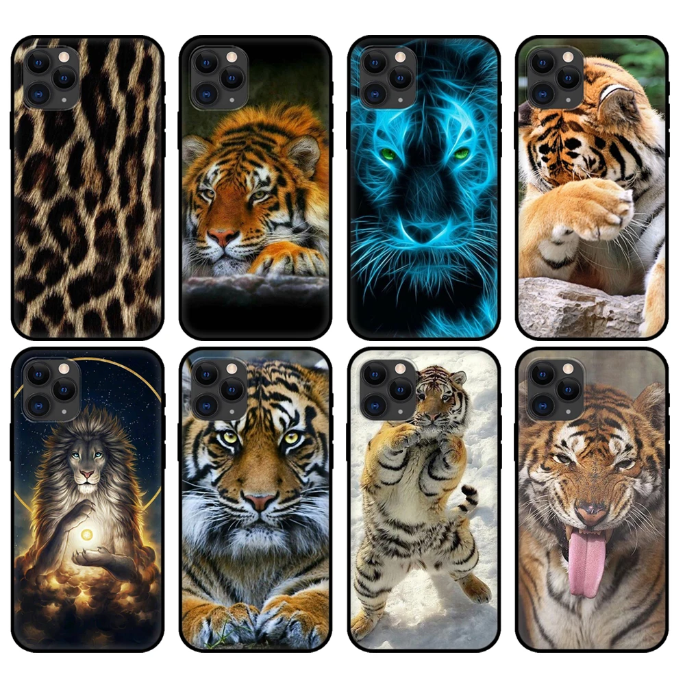 Black tpu case for iphone 5 5s se 2020 6 6s 7 8 plus x 10 XR XS 11 12 mini pro MAX back cover Fashion Tiger Leopard lion