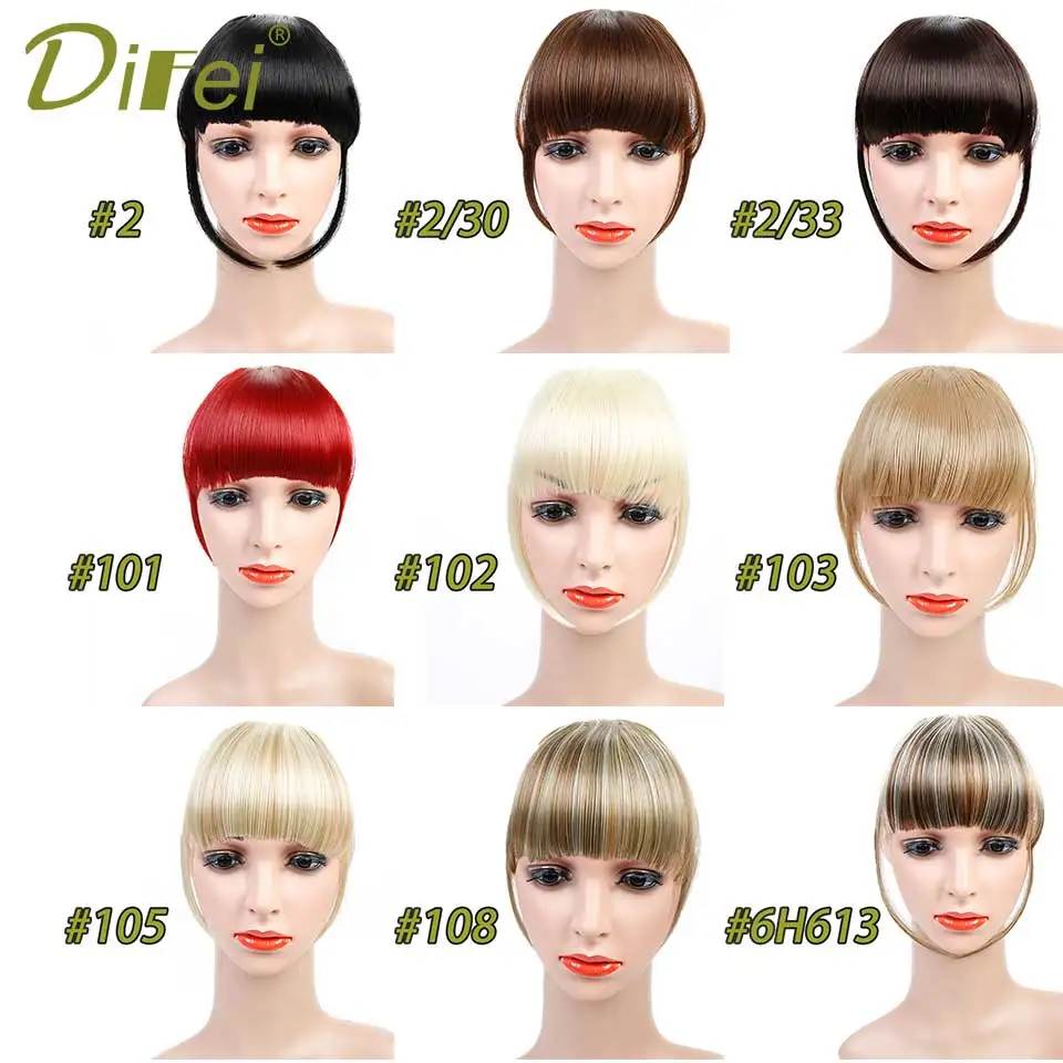 DIFEI-Fake Clip-On Franja extensões de cabelo, fibra sintética, franja com templos Hairpieces, alta temperatura, preto, marrom