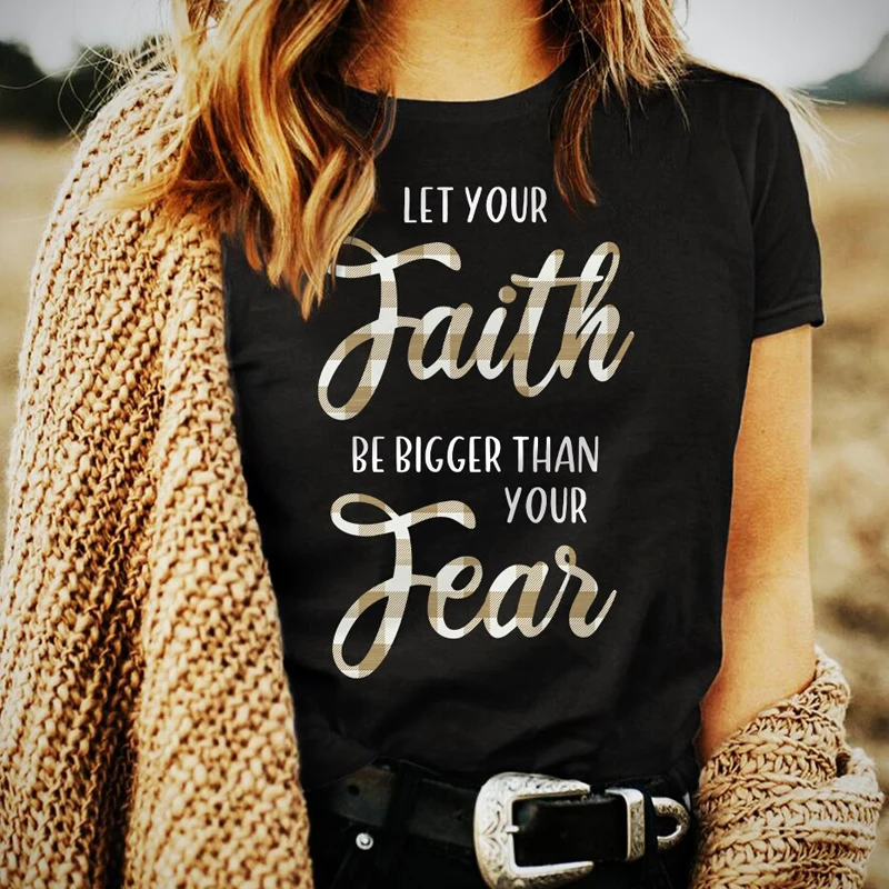 Retro Plaid Let Your Faith Be Bigger Than Your Fear T-shirt Vintage Women Christian Inspirational Quotes Tshirt Tees