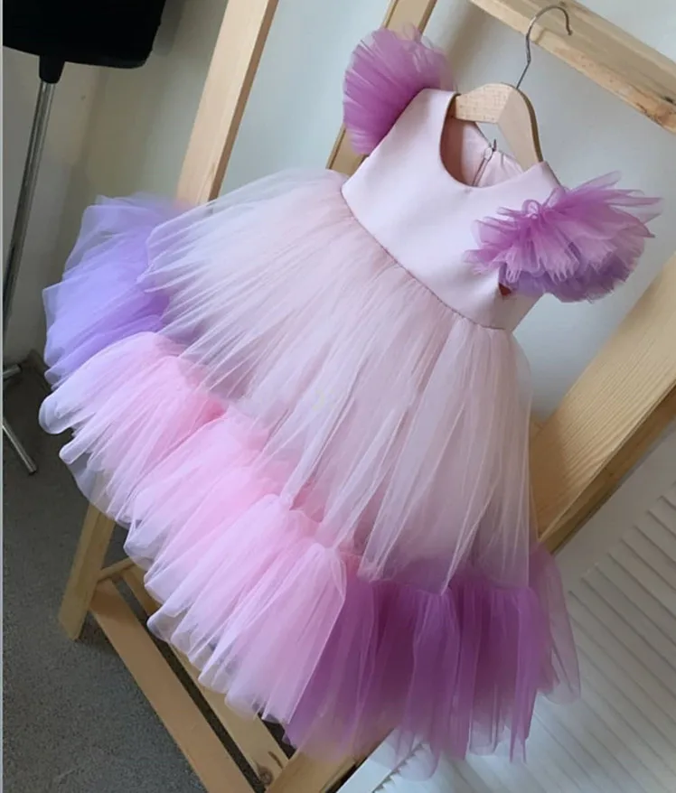 A-Line Baby Girl Dresses O Neck Cap Sleeves Puffy Mesh Toddler 1st Birthday Gown Christmas New Year Photography