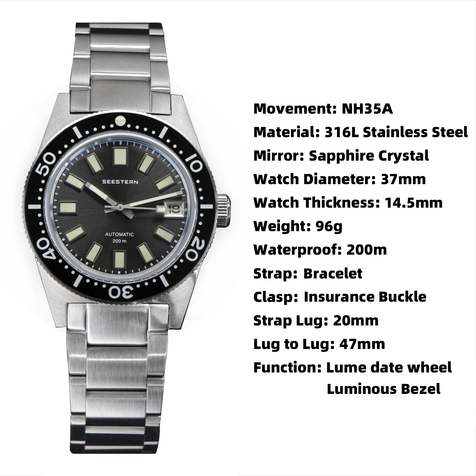 SEESTERN 62MAS Diving Watch Men Automatic Mechanical Wristwatch Luminous Bezel Waterproof NH35 Movement Sapphire Glass Bracelet