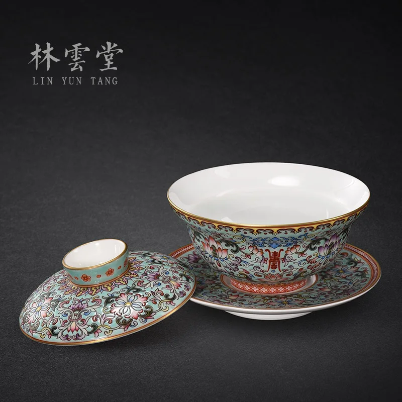 Lin Yuntang hand painted tangled lotus green enamel covered bowl Jingdezhen handmade ceramic kungfu tea cup