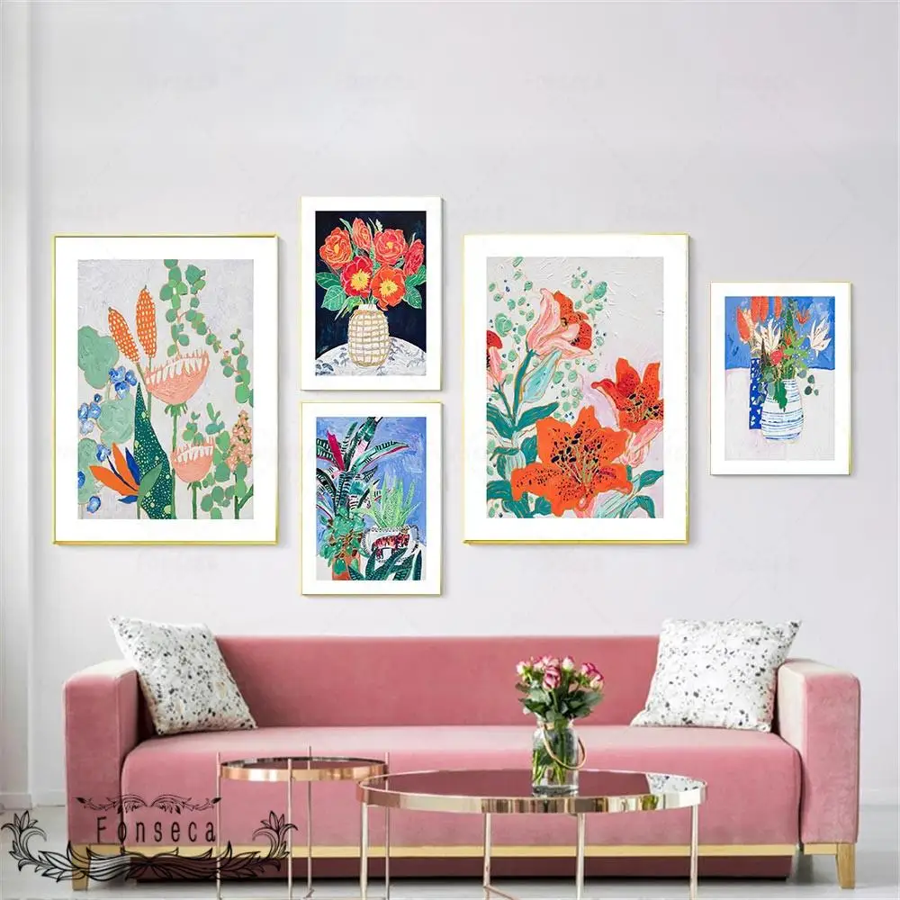 Abstract Nordic Leaf Flowers Potted Plant Poster Wall Art Peony Hibiscus Rosa-Sinensis Canvas Painting Modern Home Decor