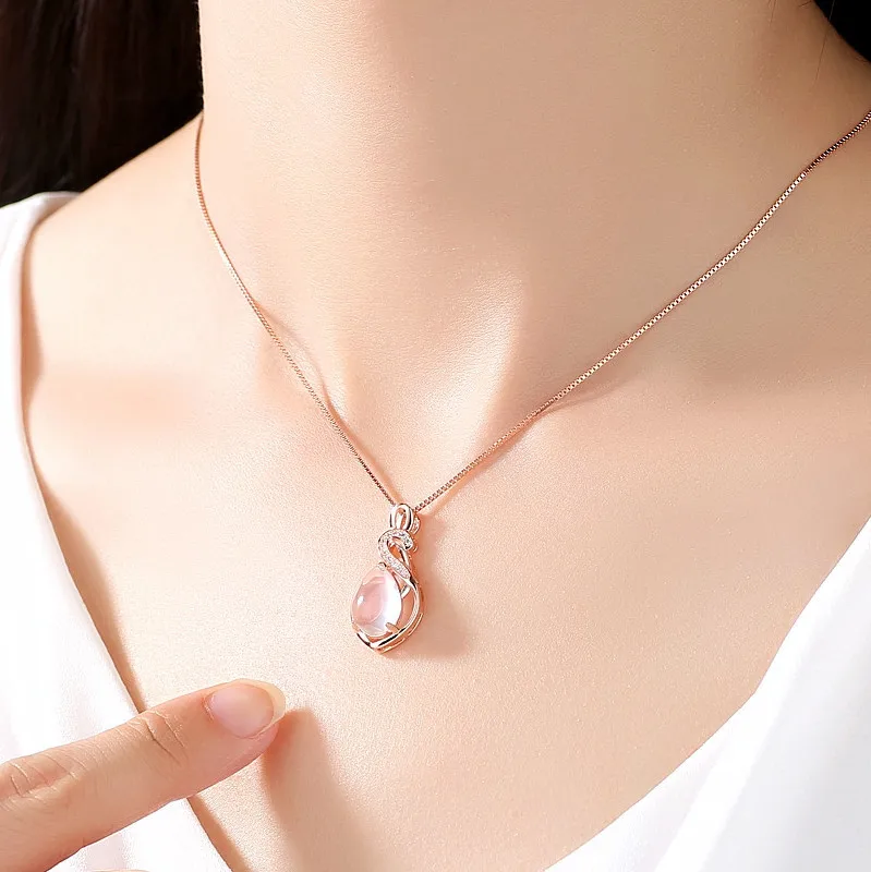 Rose Quartz 14K Rose Gold Necklace Pendant Women Charm Luxury Anniversary Jewelry for Women Christmas Princess Necklace Gifts