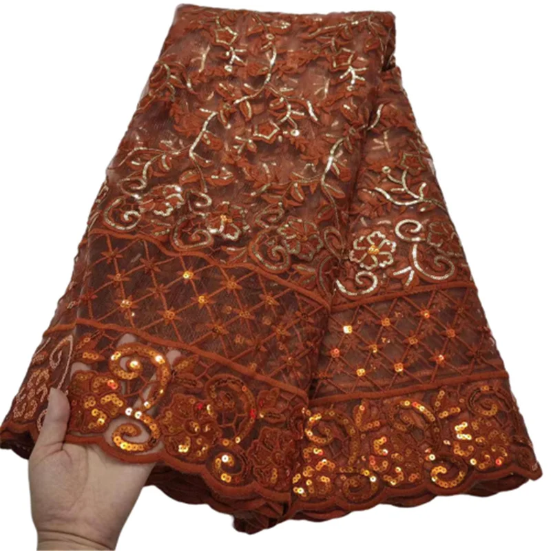 

Burnt Orange African Nigerian Tulle Lace Sequins Mesh Fabric Designs For Party Dress Sewing Cloth