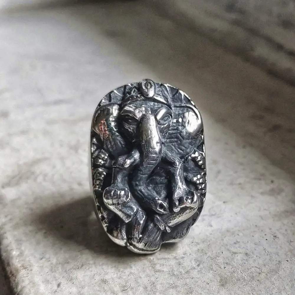 EYHIMD Indian Mythology Wisdom Luck Elephant God Ring Ganesha Stainless Steel Amulet Ring Men Biker Jewelry