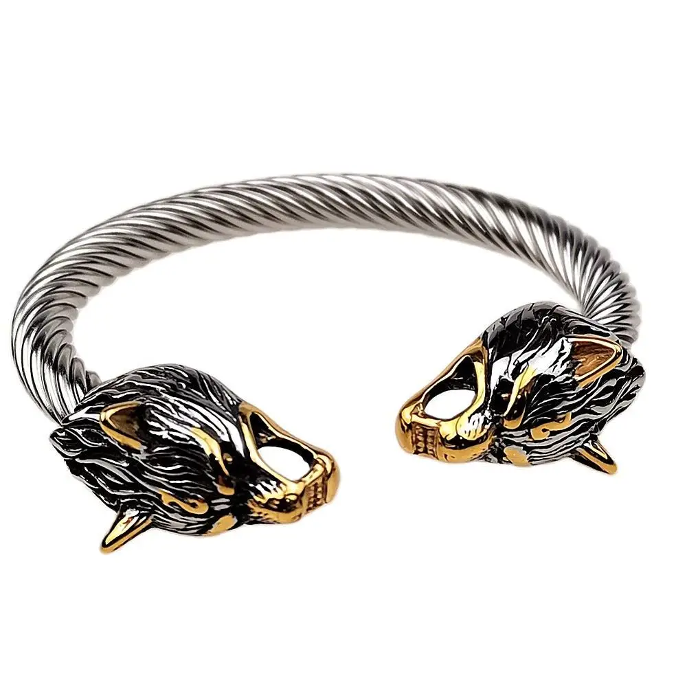 Men\'s Stainless Steel Viking Wolf Bracelet Mix Gold Color Wolf Punk Bangle Biker Jewelry