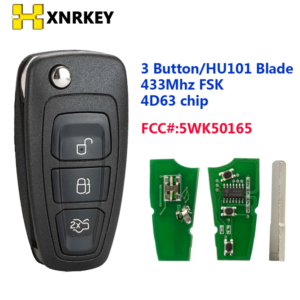 XNRKEY 3 Button 433Mhz 4D63 Remote Flip Key for Ford Ranger C-Max Focus Grand C-Max Mondeo  HU101 Blade 5WK50165