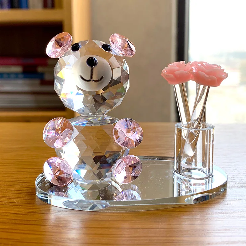 Ours en cristal avec fleur, presse-papiers artisanaux, figurine animale en verre, bel ornement, fait à la main, petite l'inventaire, décor de table à la maison