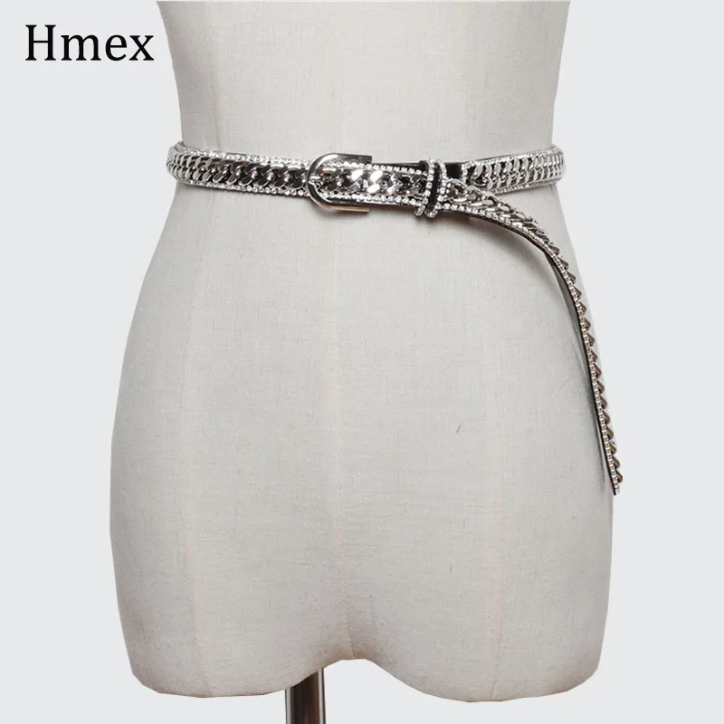 Fashion Rhinestone Transparent Belt Punk Silver Metal Chain Belt For Women Dress Waist Strap Harajuku Ladies PVC Clear Belt