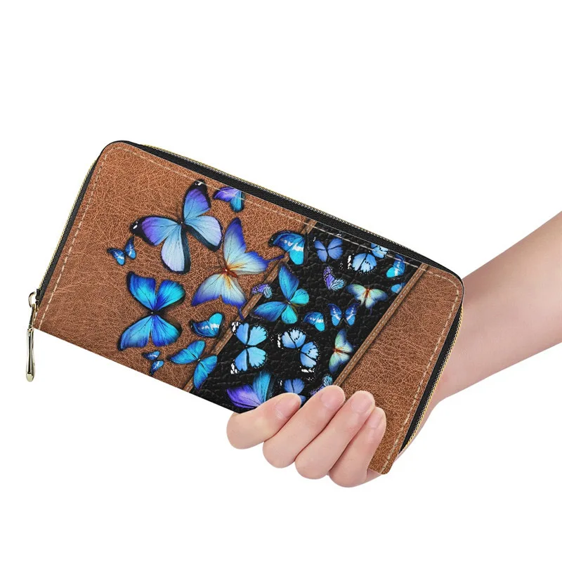 

Luxury Leather Women Bag Butterfly Pattern Purse PU Blue Purple Color Design Card Holder For Long Ladies Wallet