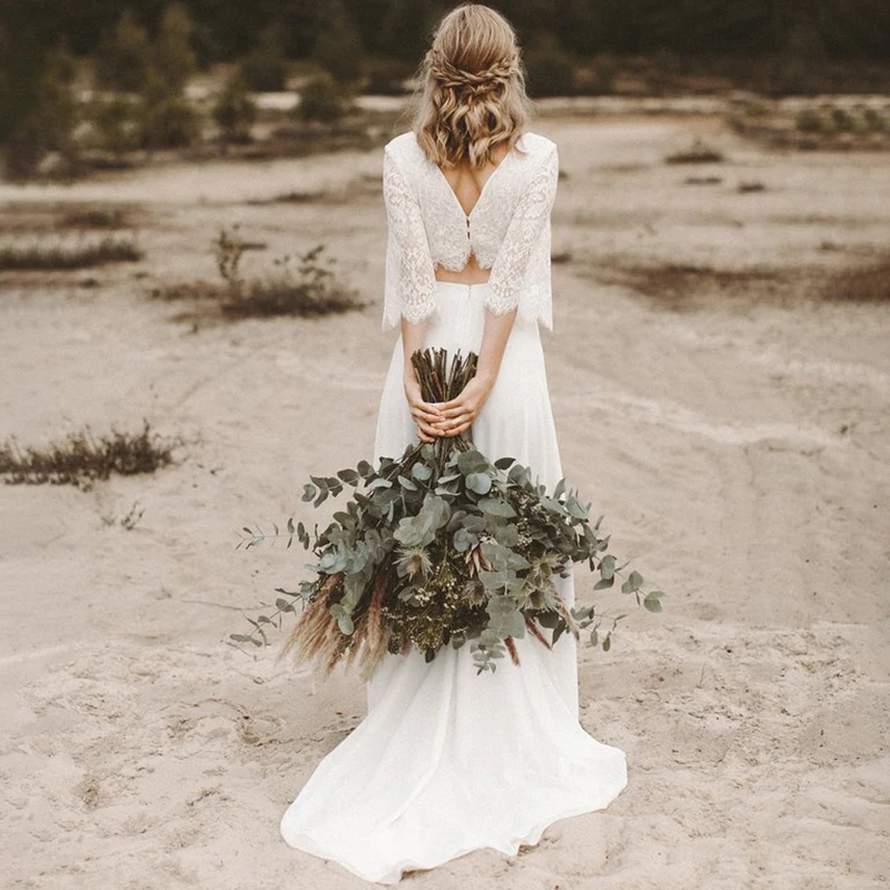 Vestido de novia de dos piezas con mangas medio acampanadas, Top corto de encaje, bohemio, playa, doble cuello en V, falda de gasa, vestidos de novia personalizados