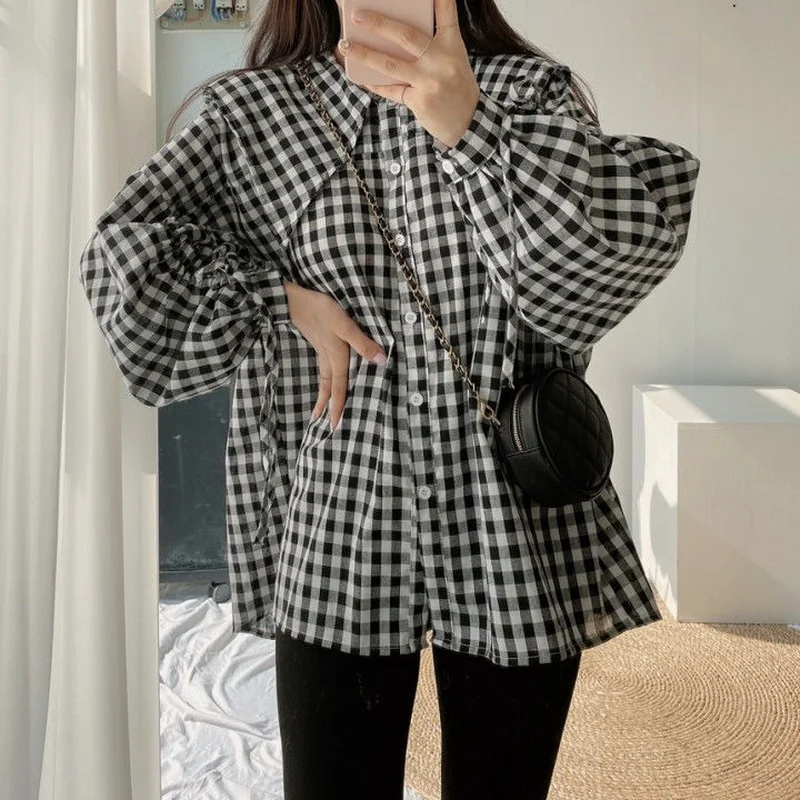 Shirts Women Plaid Peter Pan Collar Tops Design Clothing All-match Girls Lovely Puff-sleeve Korean Style Popular Tender Trendy