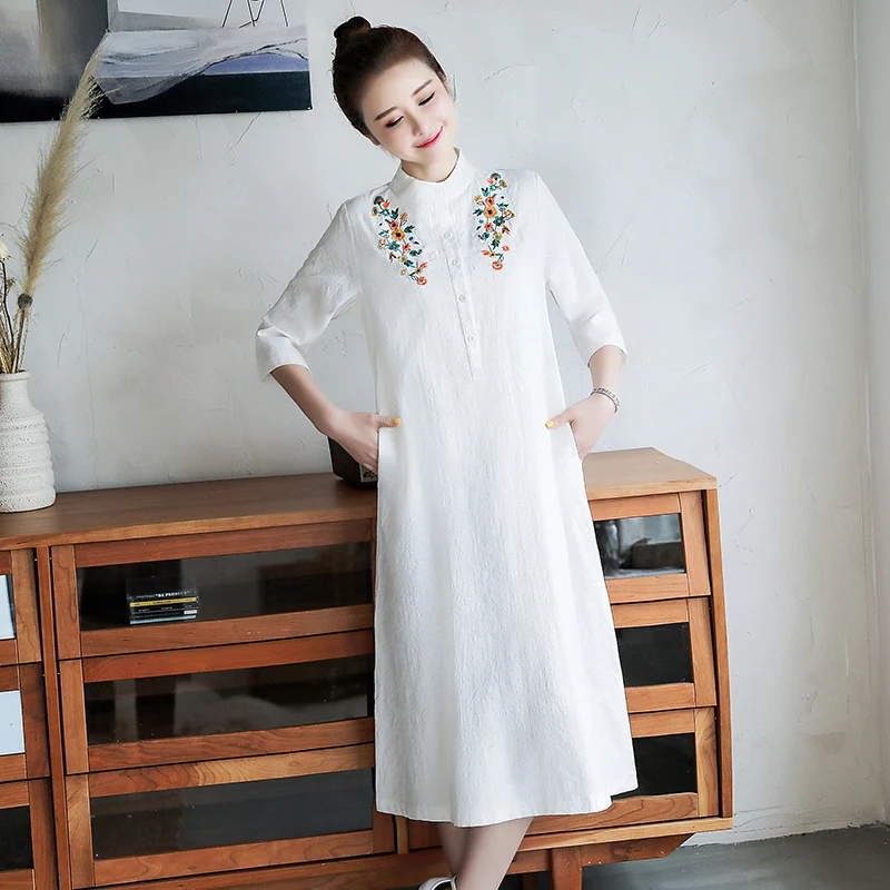 Fashion Embroidery Floral Chinese Style Dress Cotton Linen Half Sleeve Loose Summer New Dress Women Casual Shirts Midi Dress 158