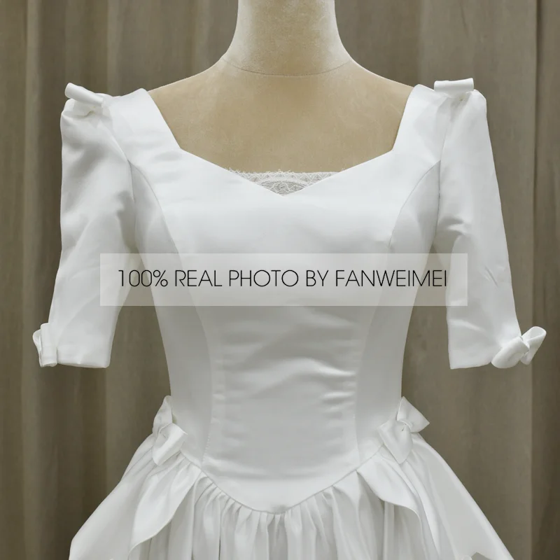 #3153 foto reali di FANWEIMEI abito da sposa Vintage a mezza manica con scollo a barchetta in raso stile colonna lunghezza pavimento abiti da sposa