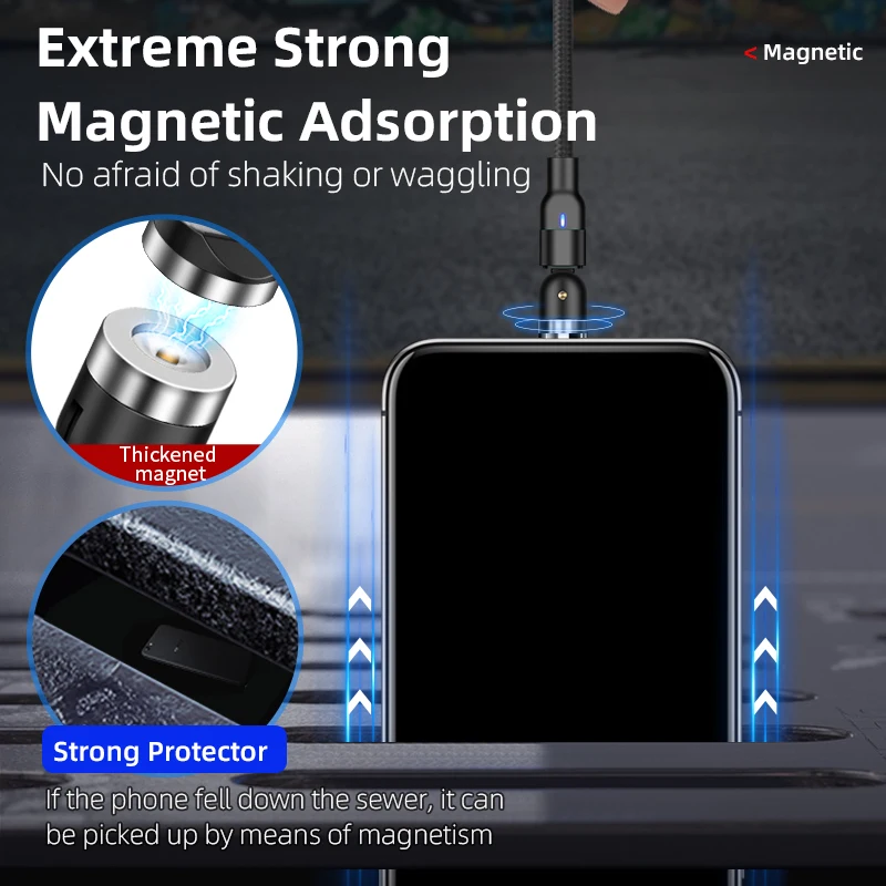 ใหม่ Magnetic Fast ชาร์จ3A Micro USB ประเภท C 8Pin โทรศัพท์มือถือสำหรับ Samsung iPhone 360 + หมุน180องศา