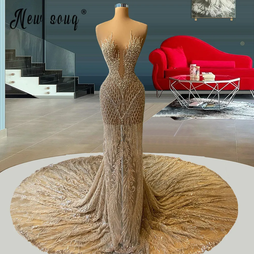 Luxury Deep V Neck Sparkly Sequin Evening Dresses Glitter Prom Gowns Beaded Cystals Robe Femme Soiree Mermaid Pageant Robes