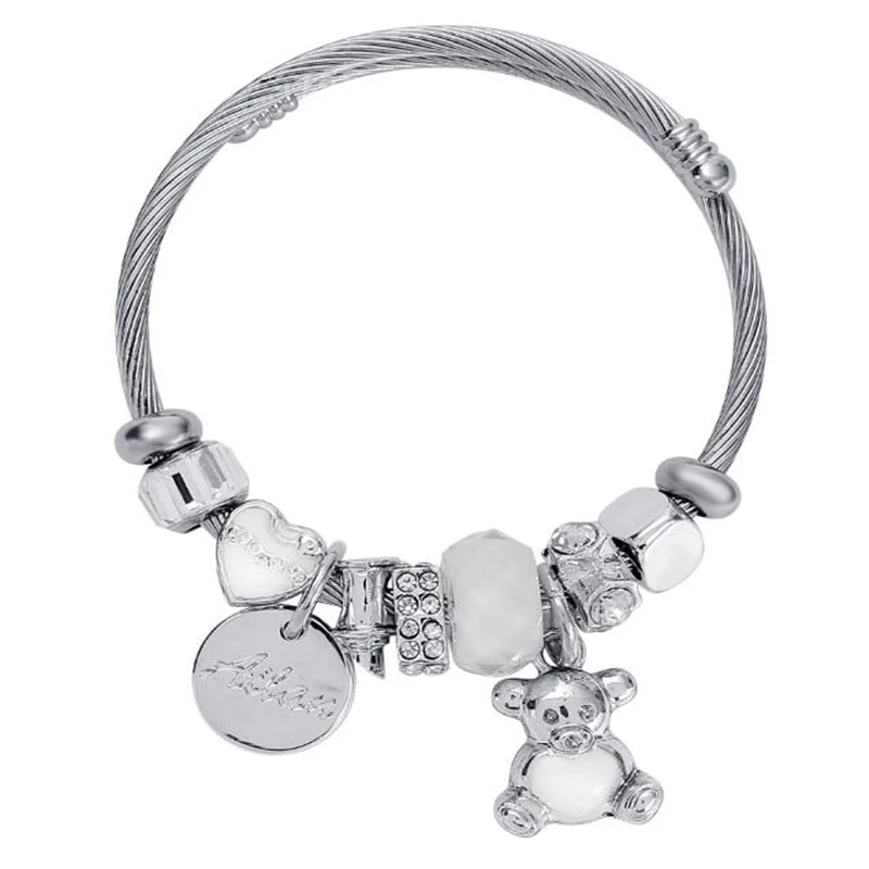

Fashion Bear Charm Bracelet DIY Style Lady Jewelry High Quality Open Size Stainless Steel Bracelet