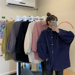 Korean Fashion Women Retro Corduroy Blouse Female Harajuku Streetwear Oversized Tops Long Sleeve Vintage Button Down Shirts