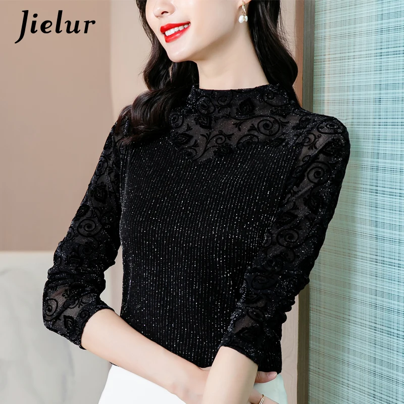 Jielur 2021 Autumn Casual Green Fashion Elegant Bottoming Women T-shirt Gorgeous Skinny Black Velour Turtleneck Top Shirts S-XXL