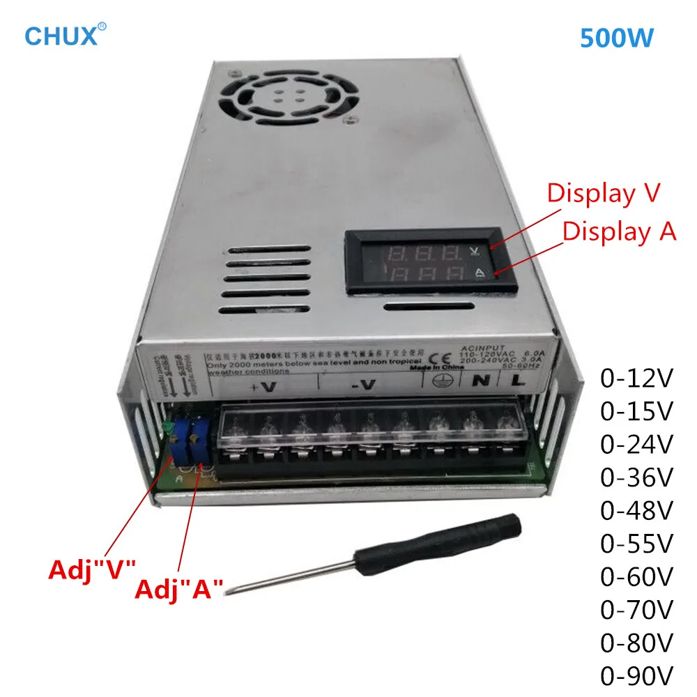 

CHUX 500 Вт Импульсный источник питания с цифровым дисплеем 12 В 15 В 36 В 48 В 55 В 60 В 70 В 80 В 90 В 110 В Регулируемый преобразователь переменного и постоянного тока Светодиодный SMPS