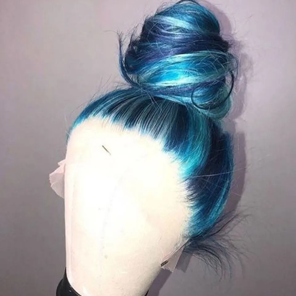 Ombre Blue Body Wave Brazilian Human Hair Wig For Women 28 Inches Straight 180 Density Colored Lace Frontal Wigs Pre Plucked