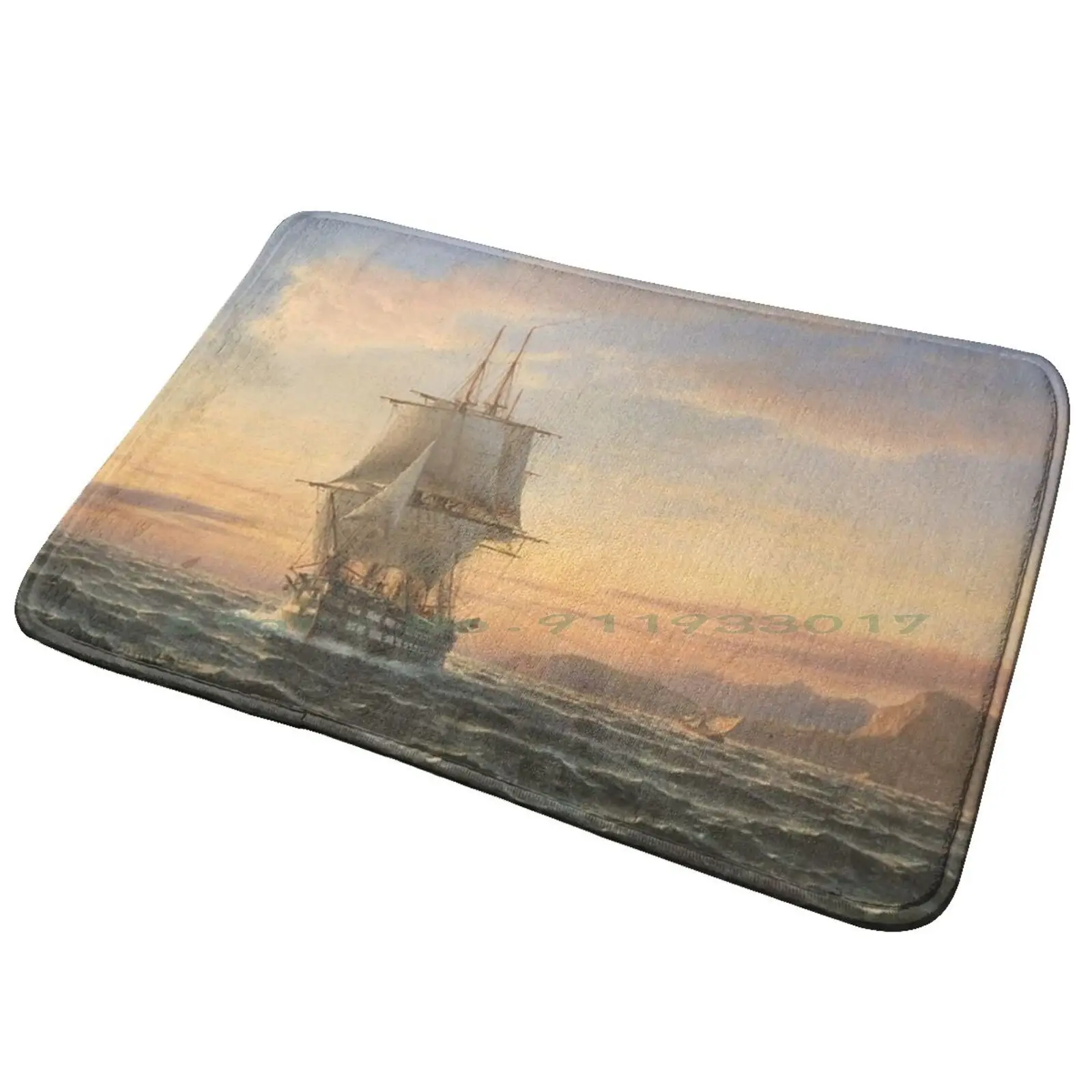 Ship Big Sail Boat On Ocean Sunset , Oil Based Paint Entrance Door Mat Bath Mat Rug William Morris Hd Vine Pattern 1873 By