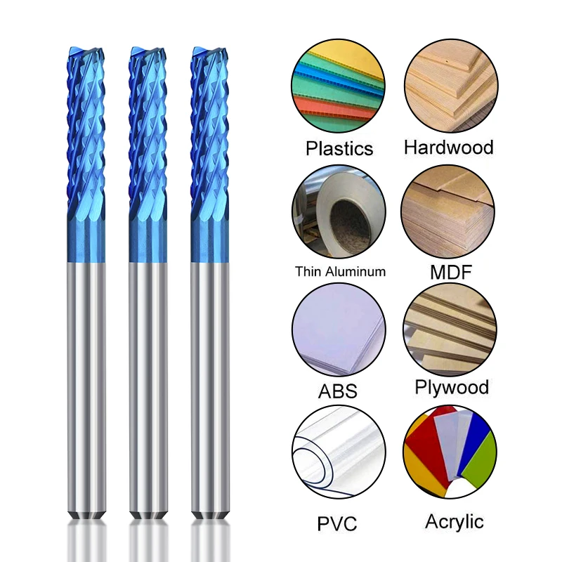 XCAN karbür uçlu freze 10 adet 3.175 sap mavi kaplamalı CNC Router uçları gravür kenar kesici End mill 0.8-3.0mm