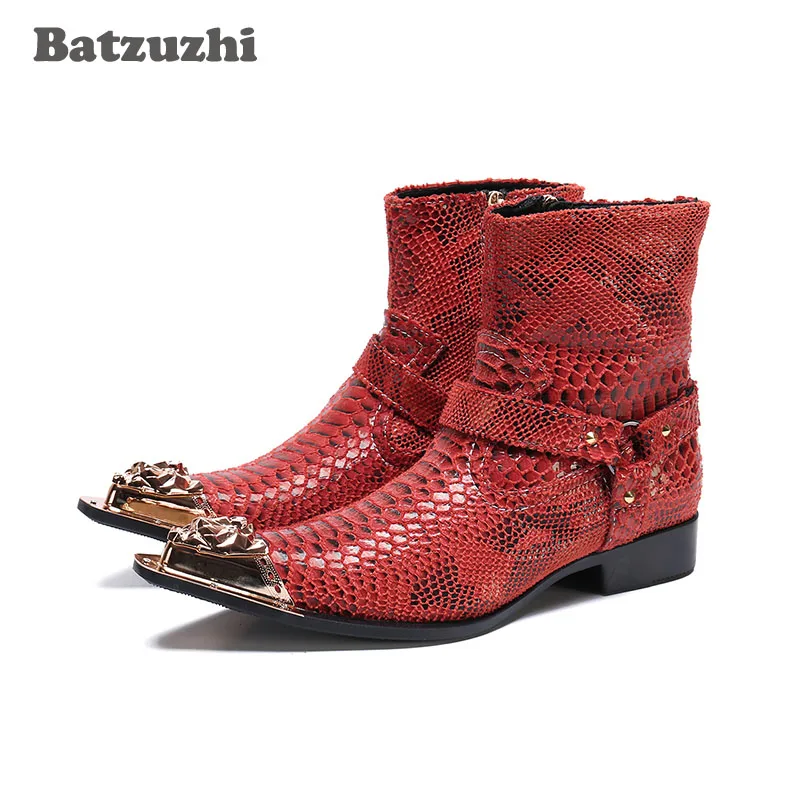 Batzuzhi Western Cowboy Boots Men Pointed Metal Tip Red Genuine Leather Ankle Boots Men Motorcycle Botas Hombre, Pluz Sizes 46