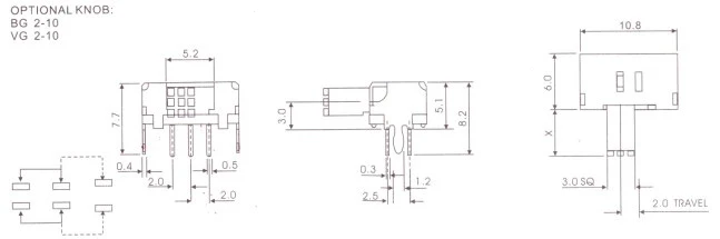 10pcs/lot SK22D02 Handle length 5mm Toggle switch SK-22D02 6 pin 2P2T Horizontal double slide switch SK-22D02VG5