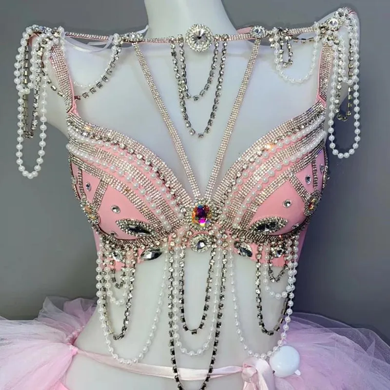 Sexy LED Performance Stage Wear Pink Pearl Rhinestones Bikini Set Nightclub Women DJ Pole Dance Costume Party Models Show Outfit