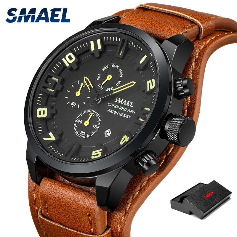 SMAEL Casual Sport Watches Mens Luxury Military Leather Waterproof Watch Man Clock SL-9076 Fashion Wristwatch relogio masculino
