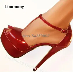 Linamong Newest Fashion Peep Toe Patent Leather Stiletto Heel Pumps Red Black High Platform T-strap High Heels Formal Dress Shoe