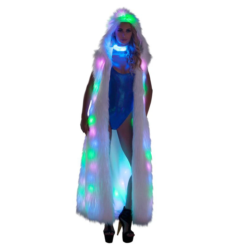 Womens Led Light UP Luminous Sleeveless Faux Fur Nightclub Rave Christmas Long Coat Costumes Outwear for Women