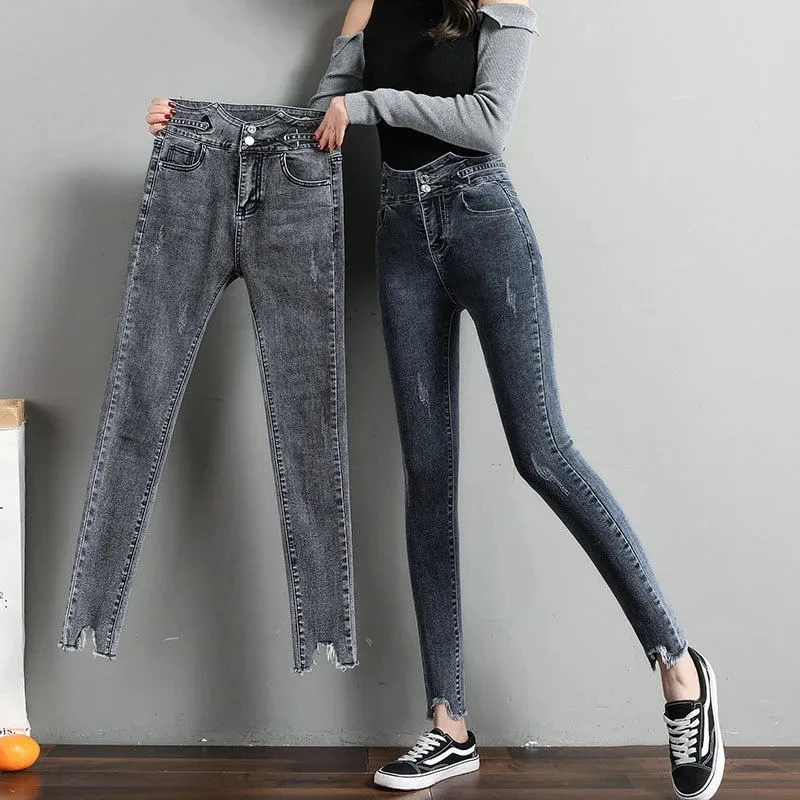 2021Women Summer New High-Waist Jean Female Slimtight-Fitting Nine-Point Pants All-Match Net Red Models Feet Jean Pencil PantA89