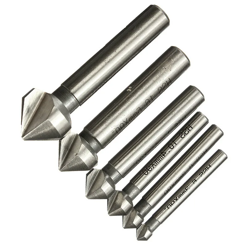 Gambo tondo 6pcs 3 Flauto 90 Gradi HSS Smusso Smussatura Cutter Fresa Strumento Svasatura Punta del trapano Set 6.3- 20.5 MILLIMETRI