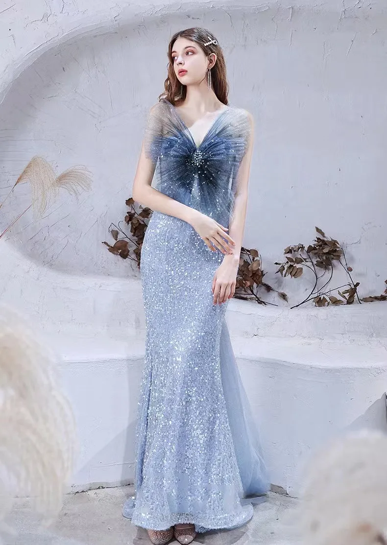 Elegant Blue Gradient Evening Dresses Mermaid Strapless Starry Sequin Bow Shiny Sweep Train Formal Party Celebrity Prom Dresses