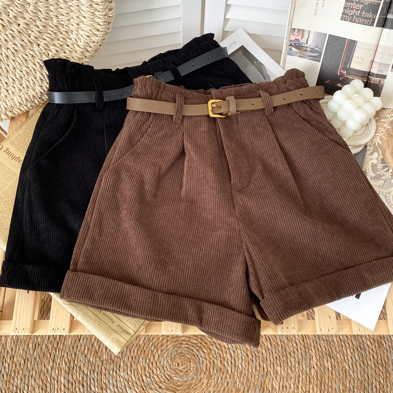 S-5XL Corduroy Rolled Wide-leg Shorts Women Autumn Retro High Waist Loose Casual Short Pants With Belt Loose A line Shorts Femme