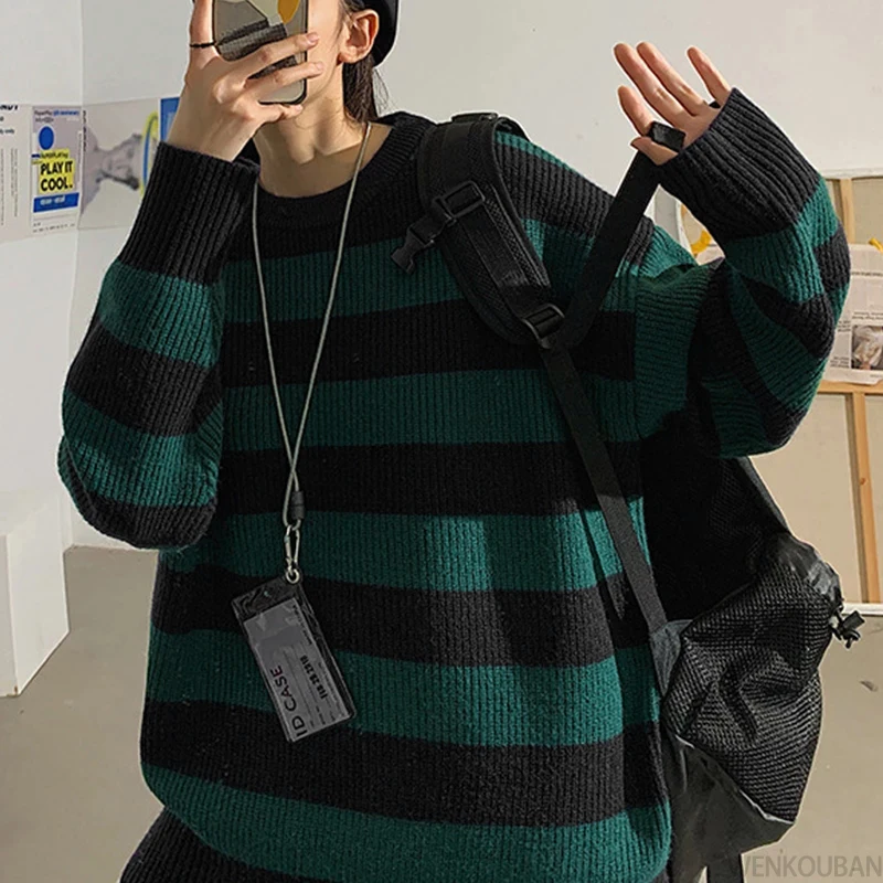 Autumn Green Striped Knitted Sweater Women Winter Pullovers Casual Oversized Sweaters Loose Harajuku Couple Sueter De Mujer