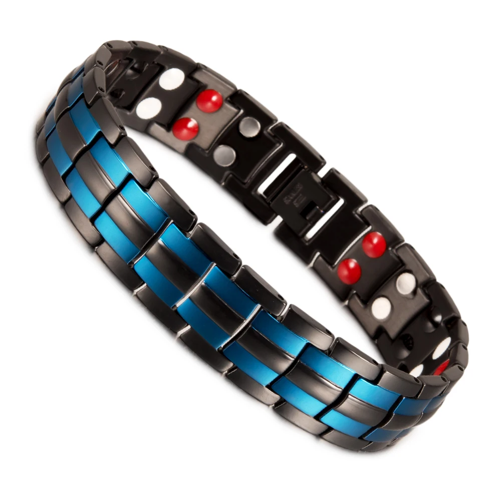 Black Blue Magnetic Bracelet Benefits Wristband Magnetic Therapy Stainless Steel Bracelet Homme 15mm Chain Energy Bracelet Men's