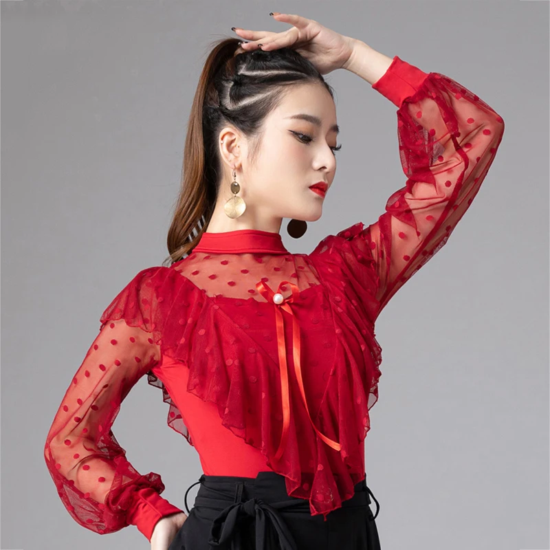 Top de baile moderno para mujer, Top de baile latino estándar nacional, Tops de práctica de baile de salón de manga larga con volantes SL6027, novedad de 2021