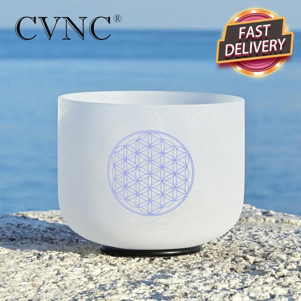 

CVNC 8 Inch Chakra Frosted Quartz Crystal Singing Bowl with Blue Life Flower Design for Sound Healing and Meditation