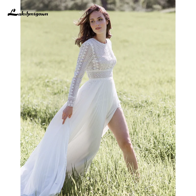 Vestido de novia de gasa de manga larga, bohemio, con corpiño de encaje, para playa y verano, 2021