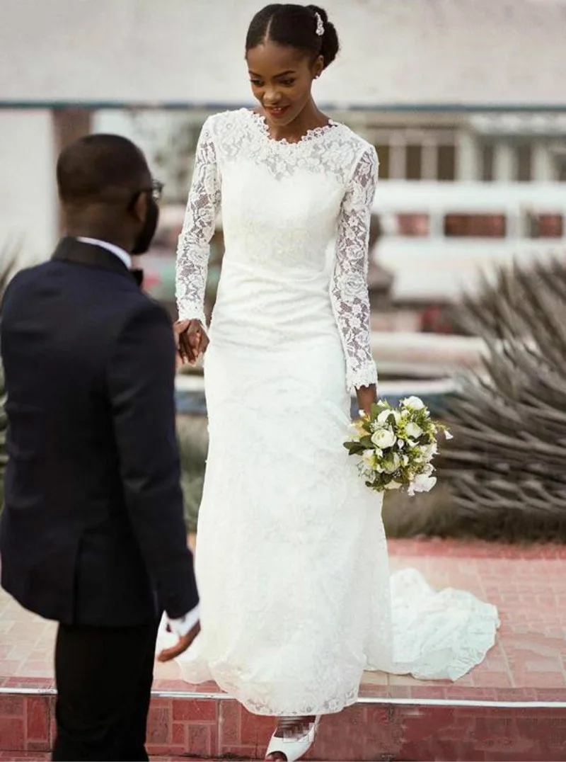 E JUE SHUNG – Robe De mariée sirène en dentelle blanche, style Boho, manches longues, dos nu, pour la plage