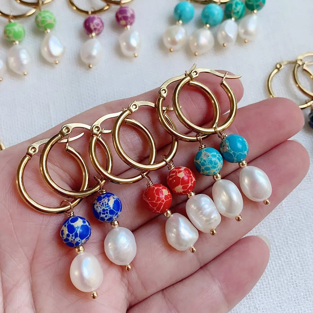 Natural Freshwater Baroque Pearl Drop Earrings for Women Colorful Imperial Jaspers Turquoises Stone Stainless Steel Earring Boho