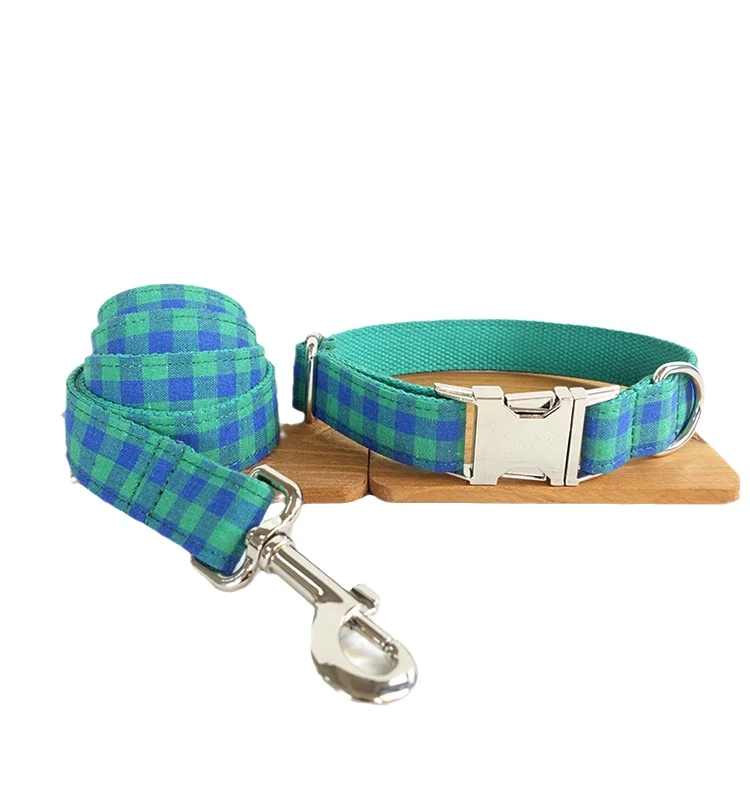 Blue Grid Dogs Colorful Fresh and beautiful Easy To Clean Pet Fabric Collar Traction Rope Bow custom name engrave Many Kinds