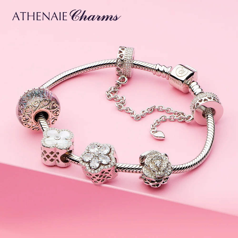 ATHENAIE 925 Sterling Silver Shine Zircon Love Rose Flower Dreamland Charms Bracelet For Women Jewerly Valentine Day Gift